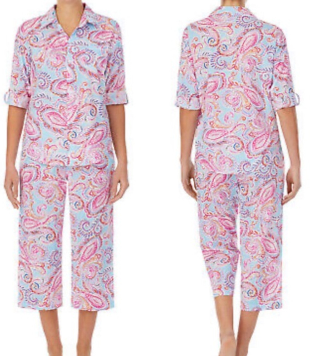 Lauren Ralph Lauren blue paisley button up capri lounge set Size M Casual Preppy
